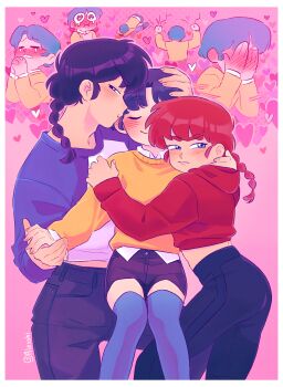  1boy 2girls absurdres alesshiart bisexual_female black_hair black_pants blue_eyes blush braid closed_eyes commentary covering_own_face cropped_hoodie dual_persona english_commentary hand_blush hand_grab heart highres hood hoodie multiple_girls pants raglan_sleeves ranma-chan ranma_1/2 red_hair red_hoodie saotome_ranma single_braid sitting_on_leg sweater tendou_akane yellow_sweater yoga_pants 