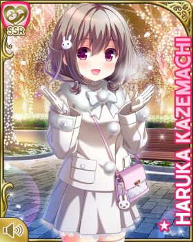  1girl :d blush boots brown_hair character_name christmas_lights day girlfriend_(kari) hair_ornament hairclip jacket jacket_jacket kazemachi_haruka long_sleeves looking_at_viewer official_art open_mouth outdoors pink_eyes qp:flapper rabbit_hair_ornament scarf short_hair skirt smile solo sweater tagme thighhighs tree white_boots white_scarf white_skirt white_sweater white_thighhighs winter_clothes  rating:General score:1 user:RomanticDevil