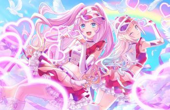  2girls :3 :d ;3 above-cleavage_cutout anyoji_hime back_cutout bare_shoulders bird blonde_hair blue_eyes blue_hair blue_sky boots breasts clothing_cutout cloud day detached_sleeves dove falling_feathers feathers four-finger_heart_hands frilled_skirt frills game_cg gradient_clothes gradient_hair gradient_skirt hair_ornament hat_ornament heart heart_hands heart_hat_ornament heart_in_heart_hands highres hip_hip_hurray!_(love_live!) knee_boots lace-up_boots link!_like!_love_live! long_hair long_sleeves looking_at_viewer love_live! medium_breasts midriff miniskirt mira-cra_park! multicolored_hair multiple_girls navel non-web_source official_art one_eye_closed open_mouth osawa_rurino pink_hair rainbow red_shirt red_skirt shirt skirt sky sleeveless sleeveless_shirt sleeves_past_wrists small_breasts smile two_side_up very_long_hair virtual_youtuber visor_cap white_boots white_feathers wing_hair_ornament 