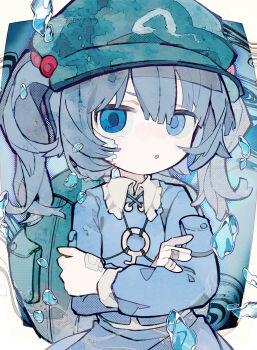  1girl :o absurdres backpack bag bandaid bandaid_on_cheek bandaid_on_face bandaid_on_hand blue_eyes blue_hair blue_jacket blue_skirt commentary crossed_arms hair_between_eyes hat highres jacket kawashiro_nitori long_sleeves looking_at_viewer shirt skirt solo soresaki touhou two_side_up water_drop white_shirt 