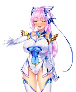  1girl :d bare_shoulders blunt_bangs blush breasts chest_jewel closed_eyes covered_erect_nipples covered_navel cowboy_shot elbow_gloves element_venus facing_viewer game_cg gem gloves gluteal_fold groin hair_ribbon headgear high_ponytail highleg highleg_leotard huge_breasts impossible_clothes impossible_leotard kisaragi_nozomi large_variant_set legs_apart leotard long_hair magical_girl non-web_source nose_blush official_art open_mouth outstretched_arm pink_hair ponytail ribbon satou_kuuki shinsou_seiki_elementia shiny_clothes shiny_skin showgirl_skirt simple_background skin_tight skirt smile solo standing tachi-e teeth thighhighs transparent_background variant_set white_background white_gloves white_leotard white_thighhighs 