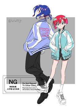  1boy 1girl alternate_costume amate_yuzuriha aqua_eyes aqua_jacket artist_name black_pants blue_hair blue_jacket border closed_mouth clothes_writing commentary full_body grey_background gundam gundam_gquuuuuux hands_in_pockets highres jacket letterman_jacket long_sleeves looking_at_viewer outside_border pants ponytail red_eyes red_hair shoes short_hair short_ponytail shuji_ito simple_background smile sneakers socks standing tete06g twitter_username white_border white_shoes white_socks 
