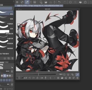  1girl antenna_hair arknights art_program_in_frame black_gloves black_jacket black_pantyhose black_shoes clip_studio_paint commentary demon_girl demon_horns demon_tail fingerless_gloves gloves grey_background grey_shirt hashtag-only_commentary highres horns jacket looking_at_viewer material_growth multicolored_hair nail_polish oripathy_lesion_(arknights) pantyhose red_eyes red_hair red_nails scar scar_on_arm shirt shoes shuuyakikou simple_background smile solo streaked_hair stuck_in_a_box tail unfinished w_(arknights) white_hair 