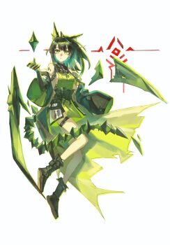  1girl :o absurdres ahoge animal_ears arknights backless_shirt bare_legs bare_shoulders belt belt_pouch black_boots black_coat black_gloves black_hair black_shorts boots breasts coat colored_inner_hair elbow_gloves floating floating_hair floating_object full_body gloves glyph green_eyes green_hair green_outline green_shirt highres huge_ahoge looking_at_viewer material_growth micro_shorts mon3tr_(arknights) multicolored_hair open_mouth oripathy_lesion_(arknights) outline pouch sash shirt shorts sideboob simple_background solo tail thigh_belt thigh_strap two-sided_fabric white_background zzzm 