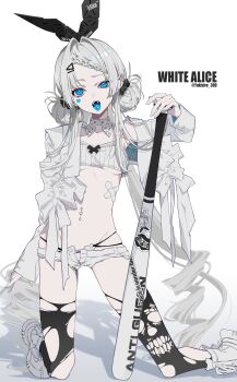  1girl absurdres bandaid_on_chest baseball_bat blue_eyes blue_tongue bow braid breasts colored_tongue commentary_request crop_top detached_collar double_bun facial_mark fangs feet_out_of_frame grey_hair hair_bow hair_bun hair_ornament hairclip heart heart_facial_mark highres jacket kneeling long_hair looking_at_viewer navel_piercing open_mouth original panty_straps piercing scrunchie shoes short_shorts shorts sneakers solo thighhighs tongue tongue_out tongue_piercing torn_clothes torn_thighhighs twintails underboob very_long_hair white_background yukisiro_390 