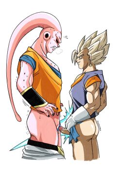 1boy 1cuntboy ass blonde_hair blush clitoris clothes_pull colored_skin cuntboy cuntboy_with_male dragon_ball dragonball_z earrings erection height_difference highres imminent_penetration jewelry looking_at_another majin_buu majinbuusama muscular muscular_male pants pants_pull pectorals penis pink_skin potara_earrings pussy smirk super_buu super_saiyan vegetto yaoi