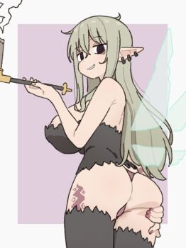 1girl aloe_(ishuzoku_reviewers) ass bare_shoulders black_eyes black_shirt black_thighhighs breasts cowboy_shot ear_piercing elel185 fairy fairy_wings female_focus from_behind from_below from_side grabbing_own_ass green_hair grey_background grin hand_up huge_ass huge_breasts ishuzoku_reviewers leg_tattoo long_hair long_pointy_ears looking_at_viewer looking_back looking_to_the_side no_pupils panties piercing pointy_ears purple_background purple_panties shirt simple_background smile smoking smoking_pipe smug solo strapless strapless_shirt tattoo teeth thighhighs thong two-tone_background underwear wings 