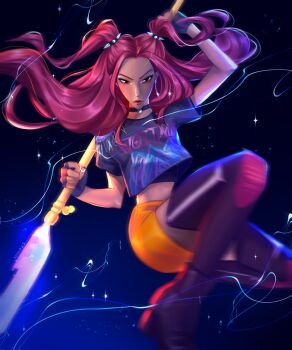  1girl black_boots boots choker closed_mouth commentary crop_top earrings fingerless_gloves floating_hair gloves highres holding holding_polearm holding_weapon hungry_allen jewelry kpop_demon_hunters long_hair mira_(kpop_demon_hunters) pink_hair polearm skirt solo thigh_boots twintails weapon yellow_skirt 