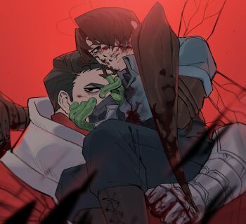 2boys absurdres angry antenna_hair antennae armor arthropod_boy arthropod_limbs bags_under_eyes beard_stubble belt black_background black_belt black_eyes black_hair blood blood_in_hair blood_on_clothes blood_on_face blood_on_hands blood_splatter blood_stain blue_jacket blue_pants boots brown_boots brown_eyes brown_hair carrying clenched_teeth cockroach_boy collared_jacket expressionless facial_hair g_corp._(identity)_(project_moon) gauntlets glasses glowing gregor_(project_moon) guro hair_between_eyes hair_over_one_eye hair_slicked_back half-closed_eyes high_collar highres holding jacket jitome knee_boots lace-up_boots limbus_company long_hair long_sleeves looking_at_viewer looking_to_the_side low_ponytail male_focus mask meursault_(project_moon) mouth_mask multiple_boys n_corp._fanatic_(identity)_(project_moon) official_alternate_costume pants parted_bangs ponytail princess_carry project_moon red_background red_eyes respirator sanpaku shirt short_hair sideways_glance simple_background sitting sitting_on_arm sitting_on_person sleeves_rolled_up stubble teeth tube upper_body white_armor wings yaoi