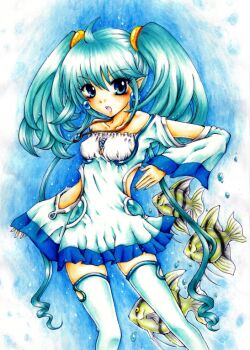  1girl :o ahoge air_bubble arm_cutout bare_shoulders blue_eyes blue_hair blue_theme blue_thighhighs breasts brooch bubble clothing_cutout collarbone commentary_request dress earrings feet_out_of_frame fish fish_request hair_between_eyes ichiha_sanami jewelry long_hair long_sleeves medium_breasts necklace off-shoulder_dress off_shoulder open_mouth original pearl_earrings pendant pointy_ears quad_tails short_dress side_cutout solo thighhighs traditional_media very_long_hair wide_sleeves 