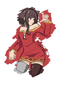  1girl absurdres aburagi arm_at_side artist_name asymmetrical_legwear bare_shoulders black_thighhighs blush breasts brown_hair collarbone commentary cropped_legs dress english_commentary finger_gun grey_thighhighs hair_over_shoulder hands_up highres index_finger_raised kono_subarashii_sekai_ni_shukufuku_wo! looking_afar looking_to_the_side megumin mismatched_legwear off-shoulder_dress off_shoulder one-hour_drawing_challenge parted_lips pointing pointing_up red_dress red_eyes short_dress short_hair short_hair_with_long_locks signature simple_background single_thighhigh sketch small_breasts solo thighhighs turning_head white_background yellow_trim zettai_ryouiki 