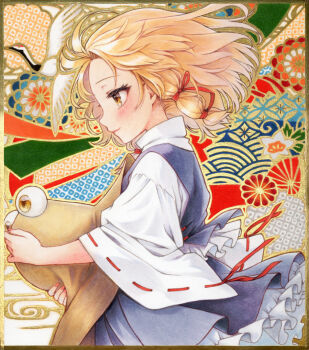  1girl bird blonde_hair blush brown_hat closed_mouth commentary_request frilled_skirt frills from_side hair_ribbon hat holding holding_unworn_clothes holding_unworn_hat long_hair long_sleeves marker_(medium) medium_hair moriya_suwako purple_skirt purple_vest pyonta red_ribbon ribbon ribbon-trimmed_sleeves ribbon_trim s.mamiya shirt skirt skirt_set smile solo touhou traditional_media tress_ribbon unworn_hat unworn_headwear vest white_bird white_shirt wide_sleeves yellow_eyes 