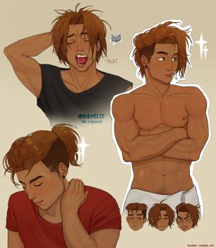 1boy abs absurdres beige_background blush brown_hair cigar closed_mouth crossed_arms dark-skinned_male dark_skin highres invincible_(series) male_focus no_shirt open_mouth pectorals ravelte_art red_shirt rex_splode_(invincible) shirt simple_background smoking solo yawning yellow_eyes