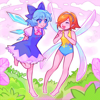  2girls :d arms_behind_back artist_name barefoot blue_dress blue_eyes blue_hair bow cirno commentary dress english_commentary fairy fairy_wings gallica_(metaphor:_refantazio) hair_bow hair_over_one_eye hairband hands_up highres ice ice_wings leotard metaphor:_refantazio multiple_girls open_mouth orange_hair outdoors pink_sky pointy_ears sakuritah short_sleeves sky smile standing standing_on_one_leg touhou trait_connection wings 