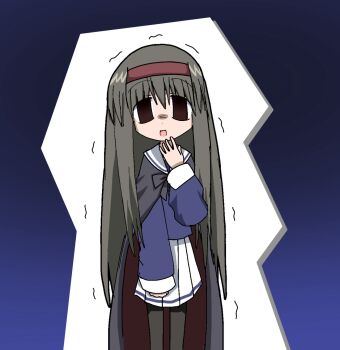  1girl 2000s_(style) black_hair black_pantyhose buchou cape empty_eyes highres long_hair maho-tan_(artist) mahoraba pantyhose pleated_skirt school_uniform self-upload serafuku skirt trembling 