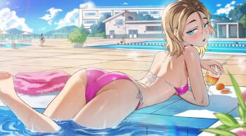  1girl ass bikini blonde_hair blue_eyes blush breasts cup drinking_glass drinking_straw food fruit highres holding holding_cup looking_at_viewer lying medium_hair multicolored_hair on_stomach orange_(fruit) orange_hair original pink_bikini pool roots_(hair) side-tie_bikini_bottom small_breasts solo_focus swimsuit towel wading waligner wine_glass 