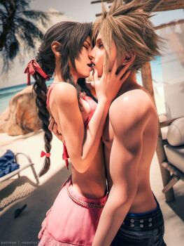 1boy 3d aerith_gainsborough bikini blonde_hair brown_hair closed_eyes cloud_strife final_fantasy final_fantasy_vii final_fantasy_vii_remake hetero highres kiss neonfox3d swimsuit toned toned_male topless_male