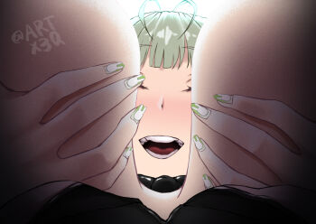  1girl ahoge arata_x3q artist_name black_bow blush bow breasts breasts_out facing_down facing_viewer from_below goddess_of_victory:_nikke grabbing_own_breast green_eyes green_nails large_breasts nail_polish nipples_out_of_frame open_mouth out-of-frame_censoring playboy_bunny shade smile soda_(nikke) solo view_between_breasts 