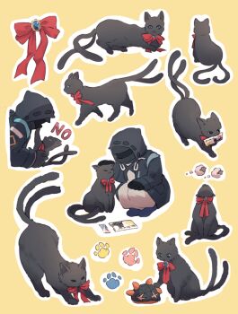  1girl 1other animal arknights black_cat black_coat blue_eyes bow bowtie brooch cat closed_eyes coat commentary commentary_typo doctor_(arknights) english_commentary extra_tails hood hooded_coat jewelry kneeling lari_lab mask miss_christine_(arknights) open_mouth originium_slug_(arknights) outline paw_print petting red_bow red_bowtie sheep shirt simple_background smile white_shirt yellow_background 