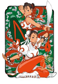  1girl absurdres alternate_costume bare_shoulders bodysuit boots bracelet brown_eyes brown_hair bun_cover capcom china_dress chinese_clothes chun-li clenched_hand closed_mouth commentary_request cropped_jacket dao double_bun dragon dress earrings eastern_dragon fighting_stance game_cg hair_bun hair_ribbon highres holding holding_sword holding_weapon jewelry knee_up looking_at_viewer multiple_views muscular non-web_source official_alternate_costume official_art pantyhose partial_commentary pelvic_curtain puffy_short_sleeves puffy_sleeves ribbon shoes short_hair short_sleeves signature sitting smile sneakers solo spiked_bracelet spikes standing street_fighter stud_earrings studded_bracelet sword thick_thighs thighs unitard weapon white_background white_boots yasuda_akira 