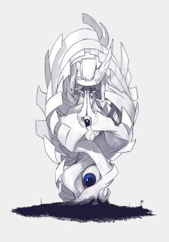  1girl abstract asymmetrical_horns blue_eyes closed_eyes colored_eyelashes colored_skin commentary_request extra_eyes full_body grey_background highres horns horns_on_eye_sockets monster_girl original own_hands_together praying solo white_hair white_skin yunimaru 