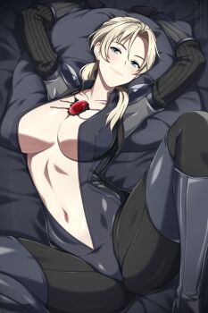  1girl arms_up blonde_hair blue_eyes blush bodysuit breasts closed_mouth collarbone commentary curtained_hair english_commentary gloves head_on_pillow highres jill_valentine large_breasts lindaroze long_hair looking_at_viewer low_ponytail lying navel on_back open_bodysuit open_clothes parted_bangs pillow ponytail resident_evil resident_evil_5 solo spread_legs watermark web_address 