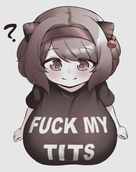  1girl ? bad_tag blush breasts granblue_fantasy greyscale hair_ornament hairband highres horns huge_breasts loli medium_hair monochrome oppai_loli pldf shirt simple_background smile solo standing white_background yaia_(granblue_fantasy) 