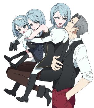 1boy 1girl ace_attorney ascot black_boots black_gloves black_vest blue_hair boots brother_and_sister brown_pantyhose carrying carrying_person child clone dual_persona franz1sk4 franziska_von_karma gloves grey_hair hairband hand_in_pocket highres juliet_sleeves long_sleeves miles_edgeworth open_mouth pants pantyhose puffy_sleeves red_pants siblings sleeves_rolled_up time_paradox vest white_ascot white_hairband white_pants 