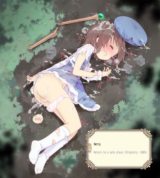  1girl after_rape ass beret blue_dress blue_hat blush broken brown_hair bukkake closed_eyes commentary crying cum cum_in_mouth cum_in_pussy cum_on_ass cum_on_body cum_on_clothes cum_on_hair cum_on_hands cum_on_legs cum_on_lower_body cum_on_upper_body cum_pool cumdrip dot_nose dress facial female_focus flat_chest fortune_summoners from_above full_body hard-translated hat heavy_breathing highres kuroba_u loli long_sleeves lying medium_hair nipples no_shoes nose_blush on_ground on_side open_mouth outdoors panties panty_pull pink_panties sana_poanet short_hair sideways_mouth socks solo tears text_focus third-party_edit torn_clothes torn_sleeves torn_socks translated underwear wand white_panties white_sleeves white_socks  rating:Explicit score:399 user:LittleLoliPanties