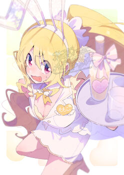  1girl animal_ear_hairband animal_ears blonde_hair blush bottle breasts character_name cleavage commentary_request cup dress drinking_glass fake_animal_ears foot_out_of_frame hair_between_eyes hairband highres holding holding_tray large_breasts long_hair looking_at_viewer magia_record:_mahou_shoujo_madoka_magica_gaiden mahou_shoujo_madoka_magica name_tag open_mouth ponytail rabbit_ear_hairband rabbit_ears red_eyes serizawa_serizane solo sweat togame_momoko tray watermark white_dress white_hairband 