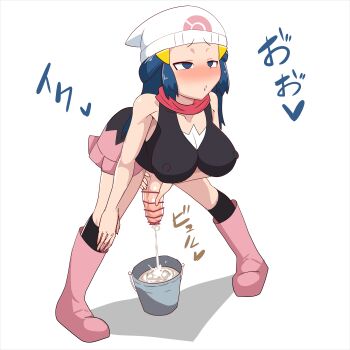  1futa absurdres bar_censor beanie bent_over black_shirt black_socks blue_eyes blue_hair blush boots breasts bucket censored covered_erect_nipples cum dawn_(pokemon) ejaculation excessive_cum foreskin full_body futanari futanari_masturbation hair_ornament hand_on_own_knee hat heart highres japanese_text kneehighs large_breasts large_penis long_hair masturbation matching_hair/eyes negotoneko nintendo no_pupils orgasm paid_reward_available parted_lips penis pink_boots pink_skirt poke_ball_print pokemon pokemon_(anime) pokemon_dppt_(anime) red_scarf scarf shirt simple_background skirt sleeveless socks solo standing white_background white_hat  rating:Explicit score:148 user:halfpint