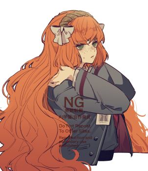 09wave_hb 1girl black_jacket bow brown_hairband freckles green_eyes hair_bow hairband highres id_card ishmael_(project_moon) jacket limbus_company long_hair long_sleeves looking_at_viewer necktie orange_hair project_moon red_necktie simple_background solo sweat very_long_hair white_background white_bow rating:General score:0 user:danbooru