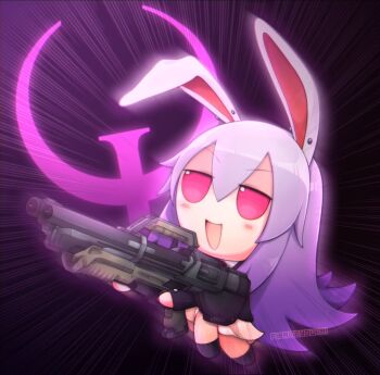  1girl animal_ears bird blush commentary commission english_commentary full_body fumo_(doll) gun holding holding_gun holding_weapon long_hair open_mouth purple_background purple_hair quake_(series) quake_1 quake_2 quake_champions rabbit_ears rabbit_girl reisen_udongein_inaba sami_(pirateyoukai) seagull solo touhou weapon 