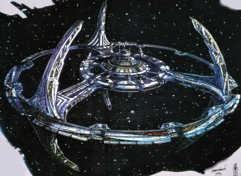  absurdres artist_name commentary deep_space_nine english_commentary highres night no_humans rick_sternbach science_fiction second-party_source sky space space_station star_(sky) star_trek star_trek:deep_space_nine  rating:General score:10 user:danbooru