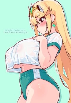  1girl ass bare_legs blonde_hair blush border breasts brown_eyes buruma covered_erect_nipples earrings gym_uniform hair_ornament jewelry large_breasts long_hair mythra_(massive_melee)_(xenoblade) mythra_(xenoblade) navel nipples no_bra pongldr self-upload simple_background solo_focus standing thighs tiara underboob underwear white_border xenoblade_chronicles_(series) xenoblade_chronicles_2  rating:Questionable score:69 user:pongu