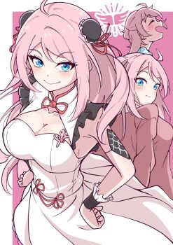  >:) 1girl ahoge blue_eyes blush border breasts bun_cover character_logo china_dress chinese_clothes cleavage cleavage_cutout closed_mouth clothing_cutout collarbone commentary double_bun dress frilled_dress frills hair_bun hands_on_own_hips hashtag-only_commentary highres large_breasts long_sleeves looking_at_viewer looking_back love_live! love_live!_nijigasaki_high_school_idol_club love_live!_nijigasaki_high_school_idol_club_the_movie_-_finale multiple_views open_mouth outside_border phoenix_(love_live!) pink_background profile simple_background sleeveless sleeveless_dress smile solo thio_lovelive untranslatable_commentary v-shaped_eyebrows white_border white_dress zhong_lanzhu 