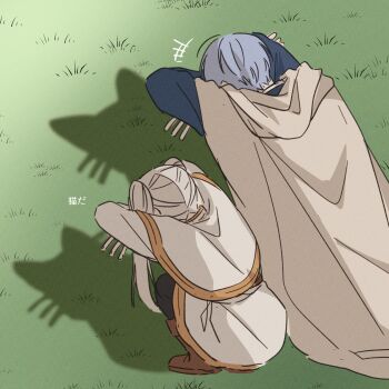  1boy 1girl black_pantyhose blue_hair blue_jacket boots brown_boots capelet cat_shadow_puppet_(meme) commentary_request crossed_arms frieren frifri1213 from_above full_body grass grey_cloak grey_hair highres himmel_(sousou_no_frieren) jacket korean_commentary long_hair meme pantyhose short_hair skirt sousou_no_frieren squatting twintails white_capelet white_jacket white_skirt 