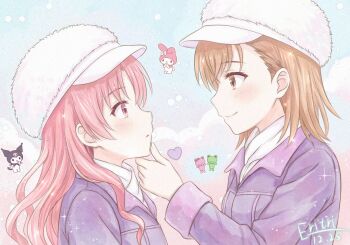 2girls blush brown_eyes brown_hair commentary_request dated eritri eye_contact gekota hair_down hand_on_another's_chin hat jacket long_hair looking_at_another medium_hair misaka_mikoto multiple_girls my_melody_(series) official_alternate_costume purple_jacket sanrio scarf shirai_kuroko signature simple_background smile toaru_majutsu_no_index toaru_majutsu_no_index:_old_testament white_hat white_scarf yuri