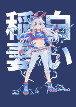  1girl absurdres animal_ears belt blue_eyes blue_hairband blue_jacket blue_sports_bra blush breasts chameleon_ch commentary_request ear_covers electricity fingerless_gloves gloves grey_hair grey_tail hair_between_eyes hairband headband highres horse_ears horse_girl horse_tail jacket lightning_bolt_print lightning_bolt_symbol long_hair long_sleeves midriff multicolored_hairband navel open_mouth pants red_belt red_headband small_breasts smile sports_bra striped_clothes striped_hairband tail tamamo_cross_(fast_as_lightning)_(umamusume) tamamo_cross_(umamusume) teeth two-tone_hairband umamusume very_long_hair white_gloves white_pants 