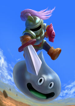  armor asymmetrical_dual_wielding bearluxe blue_sky brown_gloves cloud colored_tongue commentary_request creature creature_focus dragon_quest dual_wielding gloves green_tongue helmet holding holding_shield holding_sword holding_weapon knight metal_slime monster open_mouth outdoors plume shield sky slime_knight smile sword weapon 