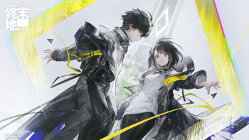  1boy 1girl arknights arknights:_endfield black_hair black_pants black_pantyhose black_shorts blue_eyes coat commentary_request copyright_name copyright_notice endministrator_(arknights) female_endministrator_(arknights) hand_in_pocket highres looking_at_viewer male_endministrator_(arknights) nunok official_art open_clothes open_coat pants pantyhose pantyhose_under_shorts shirt short_hair shorts white_shirt 