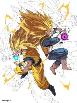  2boys absurdres armor blonde_hair blue_bodysuit blue_boots blue_sash blue_shirt bodysuit boots commentary_request dougi dragon_ball dragon_ball_daima dragonball_z electricity energy_ball food full_body galick_gun gloves green_eyes highres horang4628 kamehameha_(dragon_ball) korean_commentary long_hair male_focus multiple_boys no_eyebrows open_mouth orange_pants orange_shirt pants powering_up saiyan_armor sash shirt son_goku spiked_hair super_saiyan super_saiyan_3 twitter_username vegeta white_armor white_background white_boots white_gloves zoom_layer 