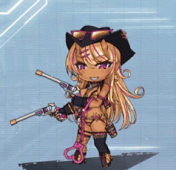 1girl alternate_costume animated animated_gif arms_up bikini blonde_hair bouncing_breasts breasts chibi cup curvy dark-skinned_female dark_skin francis_(taimanin_asagi) happy hat holding holding_cup horns large_breasts lilith-soft looking_away lowres nail_polish official_alternate_costume sheriff_badge shiny_skin smile solo standing striped_bikini striped_clothes swimsuit taimanin_(series) taimanin_rpgx tan thong_bikini v weapon 