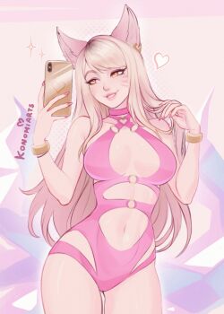  1girl absurdres ahri_(league_of_legends) animal_ears bare_shoulders blonde_hair commentary cowboy_shot earrings english_commentary facial_mark fox_ears fox_girl hands_up heart highres holding holding_phone jewelry k/da_(league_of_legends) k/da_ahri konomidraws league_of_legends long_hair nail_polish navel no_tail one-piece_swimsuit orange_eyes phone pink_nails pink_one-piece_swimsuit selfie smile sparkle swimsuit teeth whisker_markings 