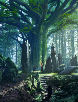  3others absurdres assassin's_creed:_valhalla assassin's_creed_(series) commentary english_commentary forest giant_tree highres landscape leaf moss multiple_others nature outdoors painterly raphael-lacoste rock scenery signature stairs stone_pillar tree viking 