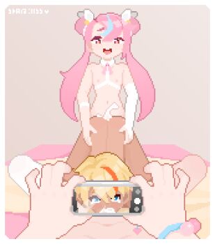  1boy 2futa :d all_fours anal ass blonde_hair blue_eyes blue_hair cellphone commentary cum cum_in_mouth cum_overflow dark-skinned_male dark_skin double_bun elbow_gloves fellatio femdom flat_chest futa_with_male futa_with_male futanari futanari_pov gloves hair_between_eyes hair_bun hair_ribbon hands_on_another's_waist highres holding holding_phone kodomo_doushi loli long_hair looking_at_viewer male_penetrated male_spitroast multicolored_hair multiple_futa navel nipples open_mouth oral orange_hair original phone pixel_art pov pov_hands recording red_eyes ribbon sex shota single_elbow_glove single_glove single_thighhigh smartphone smile spitroast spread_legs star-kiss streaked_hair tearing_up thighhighs twintails two-tone_hair white_ribbon white_thighhighs 