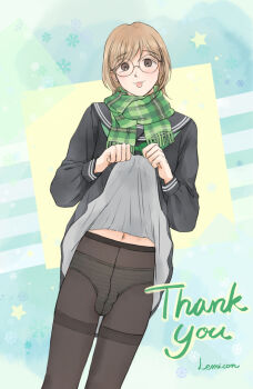  1boy artist_name black_serafuku bow brown_eyes brown_hair bulge clothes_lift english_text green_bow green_panties green_scarf lemicon lifting_own_clothes light_blush looking_at_viewer medium_hair navel panties pantyhose penis_in_panties scarf school_uniform serafuku skirt skirt_lift striped_clothes striped_panties tongue tongue_out trap underwear 