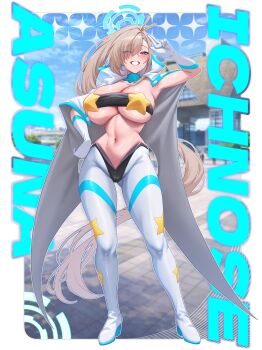  1girl absurdres aki_yama73 asuna_(blue_archive) bikini black_bikini blonde_hair blue_archive blue_eyes blue_halo blush breasts cape cleavage collarbone cosplay detached_collar gloves grin groin hair_ornament hair_over_one_eye hairpin halo highres large_breasts long_hair looking_at_viewer navel pants ponytail salute smile solo star_(symbol) swimsuit tengen_toppa_gurren_lagann two-finger_salute underboob very_long_hair white_cape white_gloves white_pants yoko_littner yoko_littner_(cosplay) 