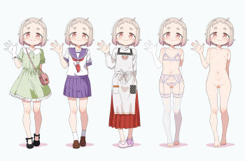  1girl absurdres apron bag bandaid bandaid_on_pussy bra dress flat_chest gloves highres leims_(urje8584) loli multiple_views nipples nude original school_uniform serafuku short_hair skirt smile underwear white_gloves 