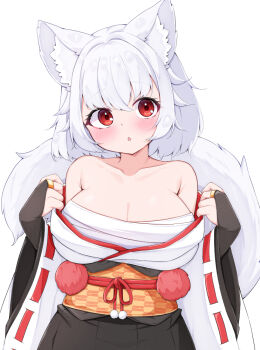  1girl :o animal_ear_fluff animal_ears bare_shoulders black_hakama blush breasts bridal_gauntlets cleavage clothes_pull commentary frown hakama inubashiri_momiji japanese_clothes large_breasts looking_at_viewer obi open_mouth red_eyes ribbon-trimmed_sleeves ribbon_trim rururiaru sarashi sash shirt shirt_pull short_hair simple_background solo tail touhou undressing upper_body white_background white_hair white_shirt wide_sleeves wolf_ears wolf_girl wolf_tail 